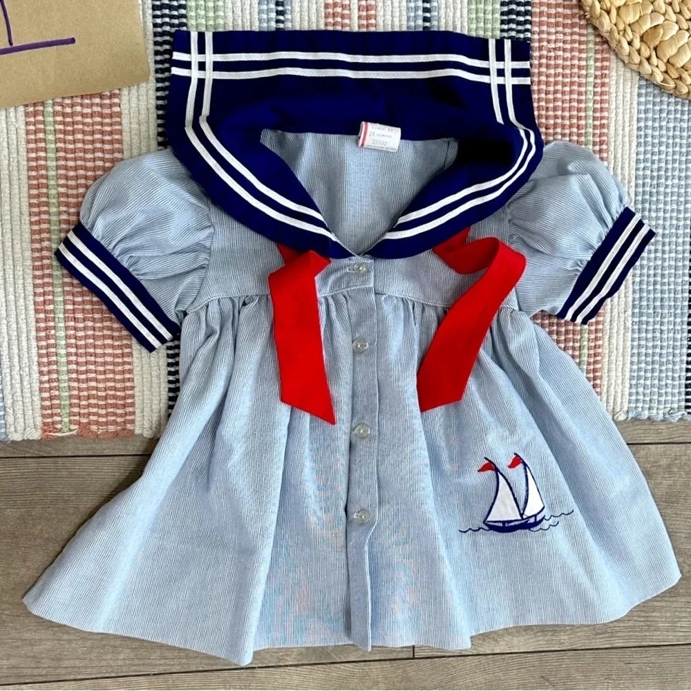Vintage Nautical Sailor Dress Embroidered Sailboat 24 Months Baby Toddler Girl